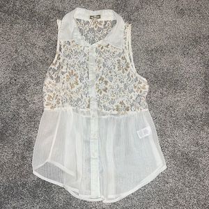 sheer top with gold and white lace button up collared top